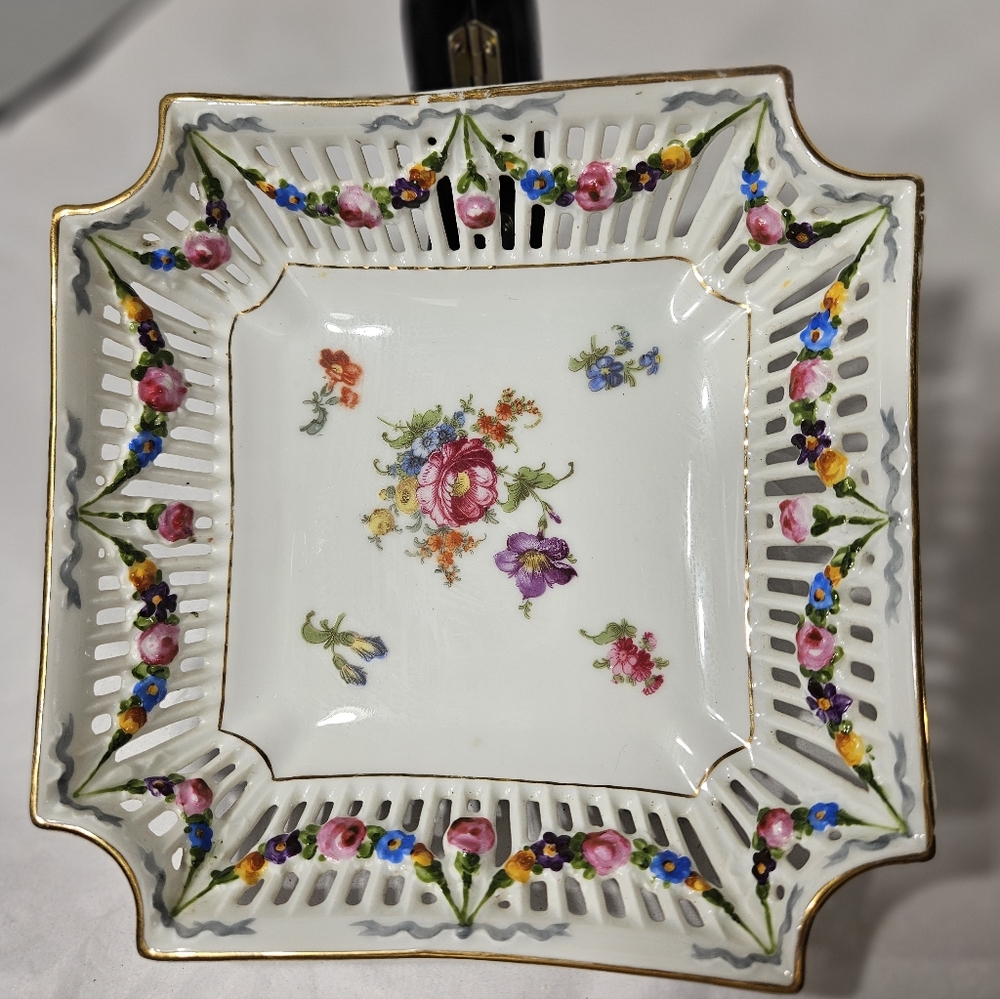 Antique Vintage HP Square Czechoslovakia Czech Floral Reticulated Dish Bowl